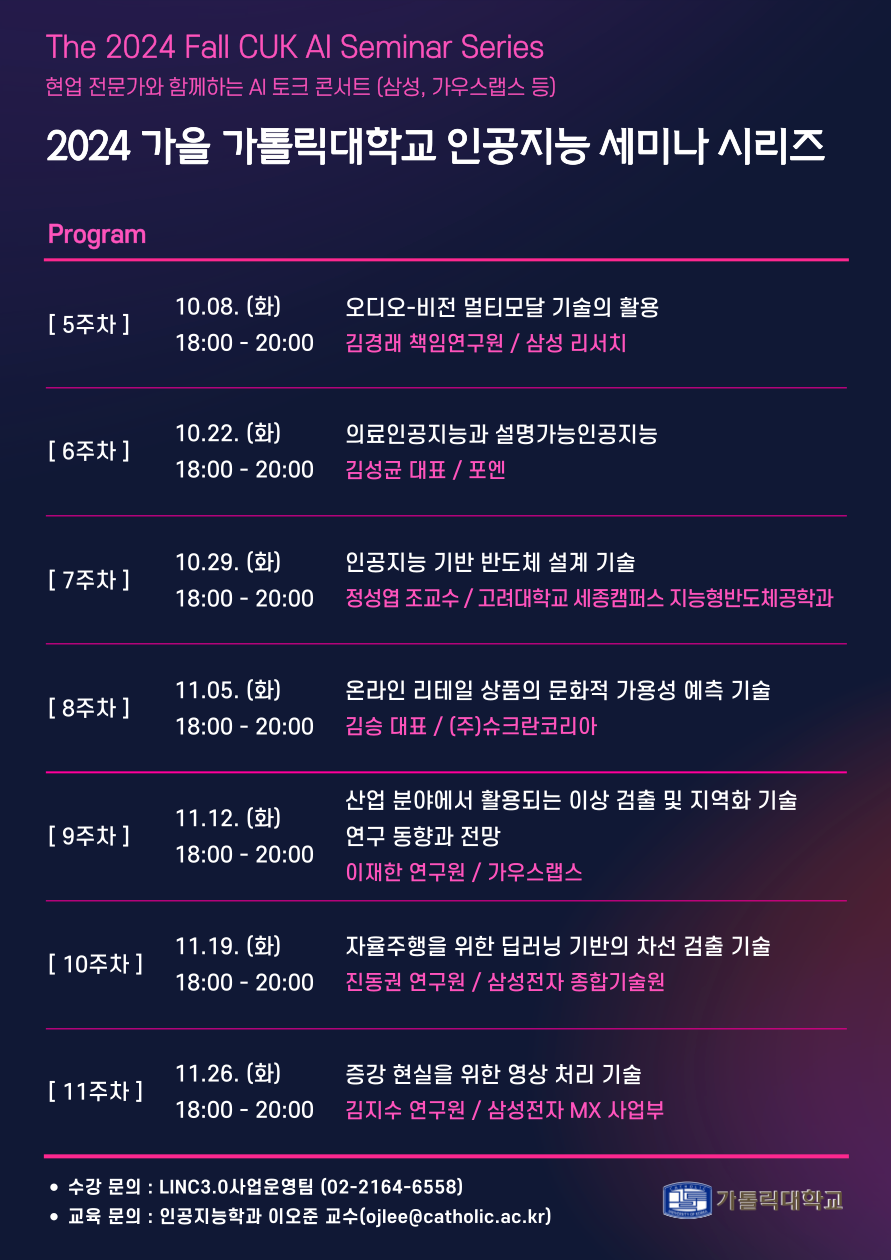 [5주차] 일시 : 10.08.(화), 18:00~20:00  특강 주제 : 오디오-비전 멀티모달 기술의 활용 강사 정보 : 김경래 책임연구원 (삼성 리서치) [6주차] 일시 : 10.22.(화), 18:00~20:00  특강 주제 : 의료인공지능과 설명가능인공지능 강사 정보: 김성균 대표 (포엔)  [7주차] 일시 : 10.29.(화), 18:00~20:00  특강 주제 : 인공지능 기반 반도체 설계 기술 강사 정보 : 정성엽 조교수 (고려대학교 세종캠퍼스 지능형반도체공학과)  [8주차] 일시 : 11.05.(화), 18:00~20:00  특강 주제 : 온라인 리테일 상품의 문화적 가용성 예측 기술 강사 정보 : 김승 대표 (㈜슈크란코리아)  [9주차] 일시 : 11.12.(화), 18:00~20:00  특강 주제 : 산업 분야에서 활용되는 이상 검출 및 지역화 기술 연구 동향과 전망 강사 정보 : 이재한 연구원(가우스랩스)  [10주차] 일시 : 11.19.(화), 18:00~20:00  특강 주제 : 자율주행을 위한 딥러닝 기반의 차선 검출 기술 강사 정보 : 진동권 연구원 (삼성전자 종합기술원)  [11주차] 일시 : 11.26.(화), 18:00~20:00  특강 주제 : 증강 현실을 위한 영상 처리 기술 강사 정보 : 김지수 연구원 (삼성전자 MX사업부)   수강 문의 : LINC3.0사업운영팀 (02-2164-6558) 교육 문의 : 인공지능학과 이오준 교수(ojlee@catholic.ac.kr)