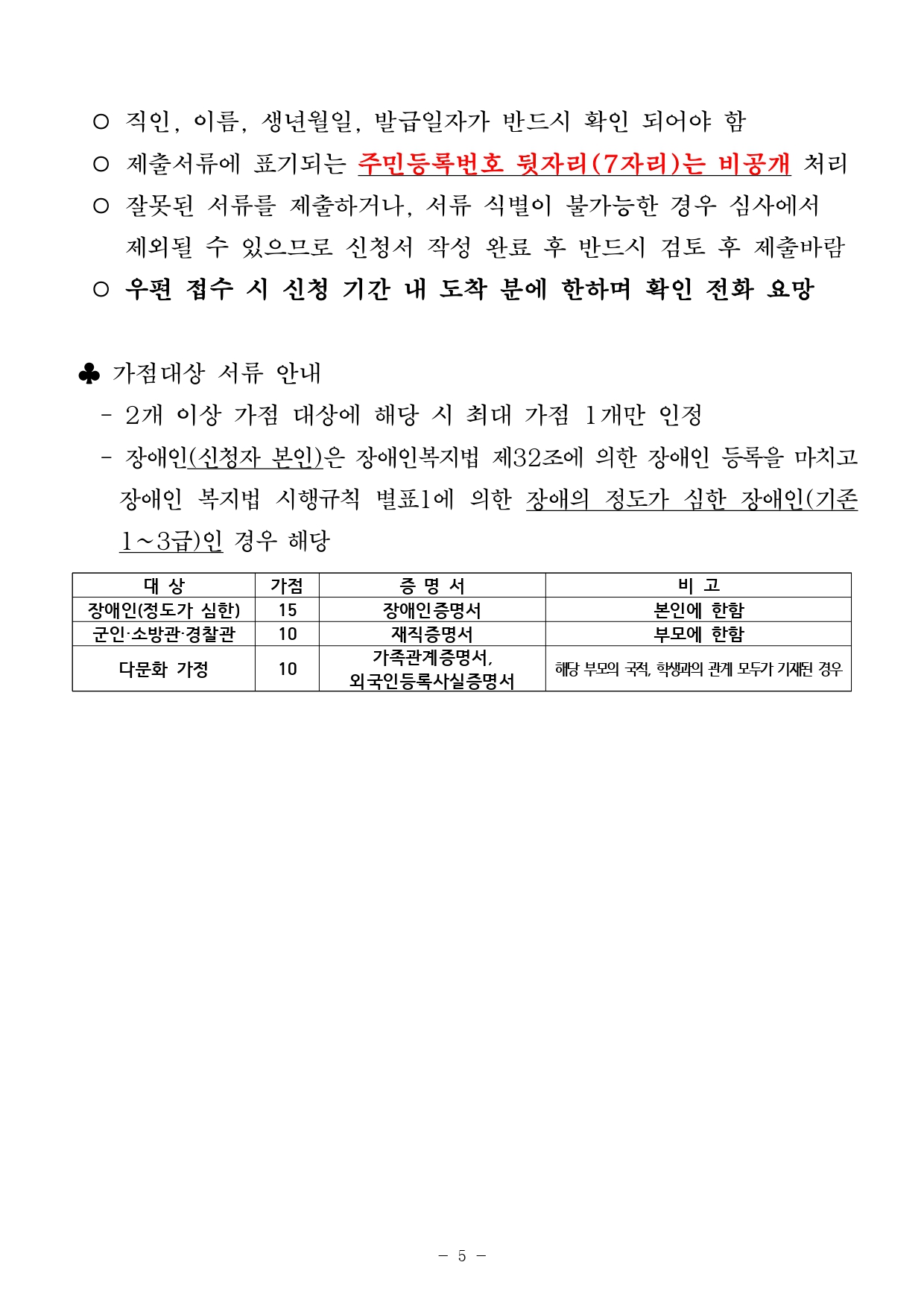 ○ 직인, 이름, 생년월일, 발급일자가 반드시 확인 되어야 함 ○ 제출서류에 표기되는 주민등록번호 뒷자리(7자리)는 비공개 처리 ○ 잘못된 서류를 제출하거나, 서류 식별이 불가능한 경우 심사에서 제외될 수 있으므로 신청서 작성 완료 후 반드시 검토 후 제출바람 ○ 우편 접수 시 신청 기간 내 도착 분에 한하며 확인 전화 요망 ♣ 가점대상 서류 안내 - 2개 이상 가점 대상에 해당 시 최대 가점 1개만 인정 - 장애인(신청자 본인)은 장애인복지법 제32조에 의한 장애인 등록을 마치고 장애인 복지법 시행규칙 별표1에 의한 장애의 정도가 심한 장애인(기존 1~3급)인 경우 해당 대 상 가점 증 명 서 비 고 장애인(정도가 심한) 15 장애인증명서 본인에 한함 군인·소방관·경찰관 10 재직증명서 부모에 한함 다문화 가정 10 가족관계증명서, 외국인등록사실증명서 해당 부모의 국적, 학생과의 관계 모두가 기재된 경우