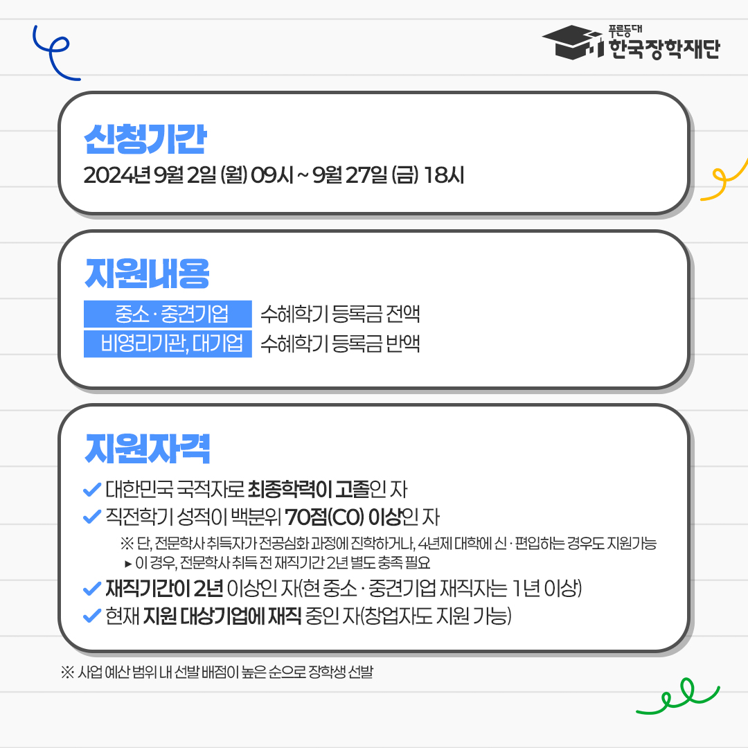  신청기간: 2024년 9월 2일 월 09시 ~ 9월 27일 금 18시 지원내용 중소,중견 기업: 수혜학기 등록금 전액 비영리기관, 대기업: 수혜학기 등록금 반액 지원자격 - 대한민국 국적자로 최종학력이 고졸인자 - 직전학기 성적이 백분위 70점(C0)이상인 자 (단,전문학사 취득자가 전공심화 과정에 진학하거나, 4년제 대학에 신,편입하는 경우도 지원가능. 이 경우, 전문학사 취득 전 재직기간 2년 별도 충족 필요) - 재직기간이 2년 이상인 자(현 중소, 중견기업 재직자는 1년 이상) - 현재 지원 대상기업에 재직 중인 자(창업자도 지원 가능) *사업 예산 범위 내 선발 배점이 높은 순으로 장학생 선발
