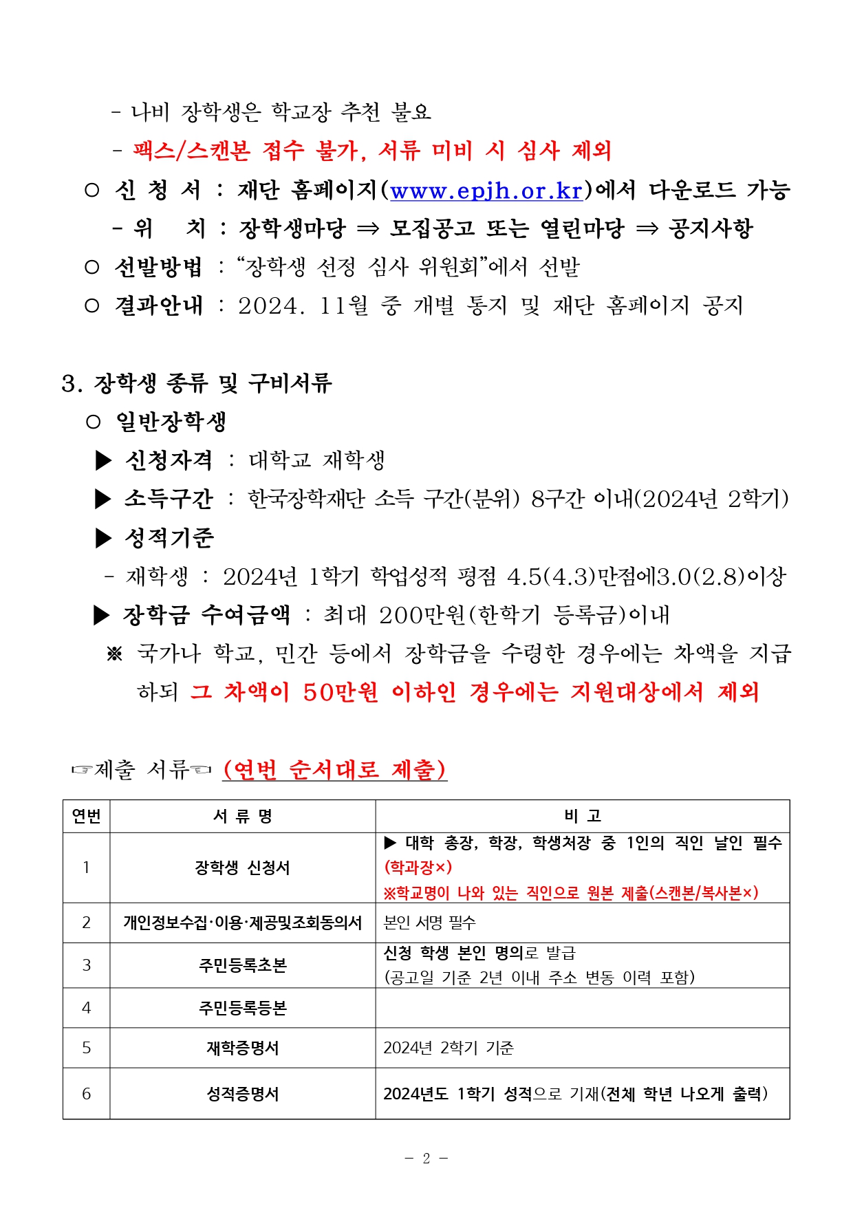 - 나비 장학생은 학교장 추천 불요 - 팩스/스캔본 접수 불가, 서류 미비 시 심사 제외 -신 청 서 : 재단 홈페이지(www.epjh.or.kr)에서 다운로드 가능  -위 치 : 장학생마당 -> 모집공고 또는 열린마당 -> 공지사항 -선발방법 :“장학생 선정 심사 위원회"에서 선발 - 결과안내 • 2024. 11월 중 개별 통지 및 재단 홈페이지 공지  3. 장학생 종류 및 구비서류 - 일반장학생 > 신청자격 : 대학교 재학생 > 소득구간 : 한국장학재단 소득 구간(분위) 8구간 이내(2024년 2학기) > 성적기준 - 재학생 : 2024년 1학기 학업성적 평점 4.5(4.3)만점에3.0(2.8)이상 > 장학금 수여금액 : 최대 200만원(한학기 등록금)이내 ※ 국가나 학교, 민간 등에서 장학금을 수령한 경우에는 차액을 지급 하되 그 차액이 50만원 이하인 경우에는 지원대상에서 제외 -제출 서류~ (연번 순서대로 제출) 연번 – 서류명 -비고  1 .장학생 신청서 > 대학 총장, 학장, 학생처장 중 1인의 직인 날인 필수 (학과장x) ※학교명이 나와 있는 직인으로 원본 제출(스캔본/복사본x) 2. 개인정보수집 • 이용•제공및조회동의서 본인 서명 필수 3.주민등록초본 신정 학생 본인 명의로 발급 (공고일 기준 2년 이내 주소 변동 이력 포함) 4.주민등록 등본  5.재학증명서 2024년 2학기 기준 6.성적증명서 2024년도 1학기 성적으로 기재(전체 학년 나오게 출력)