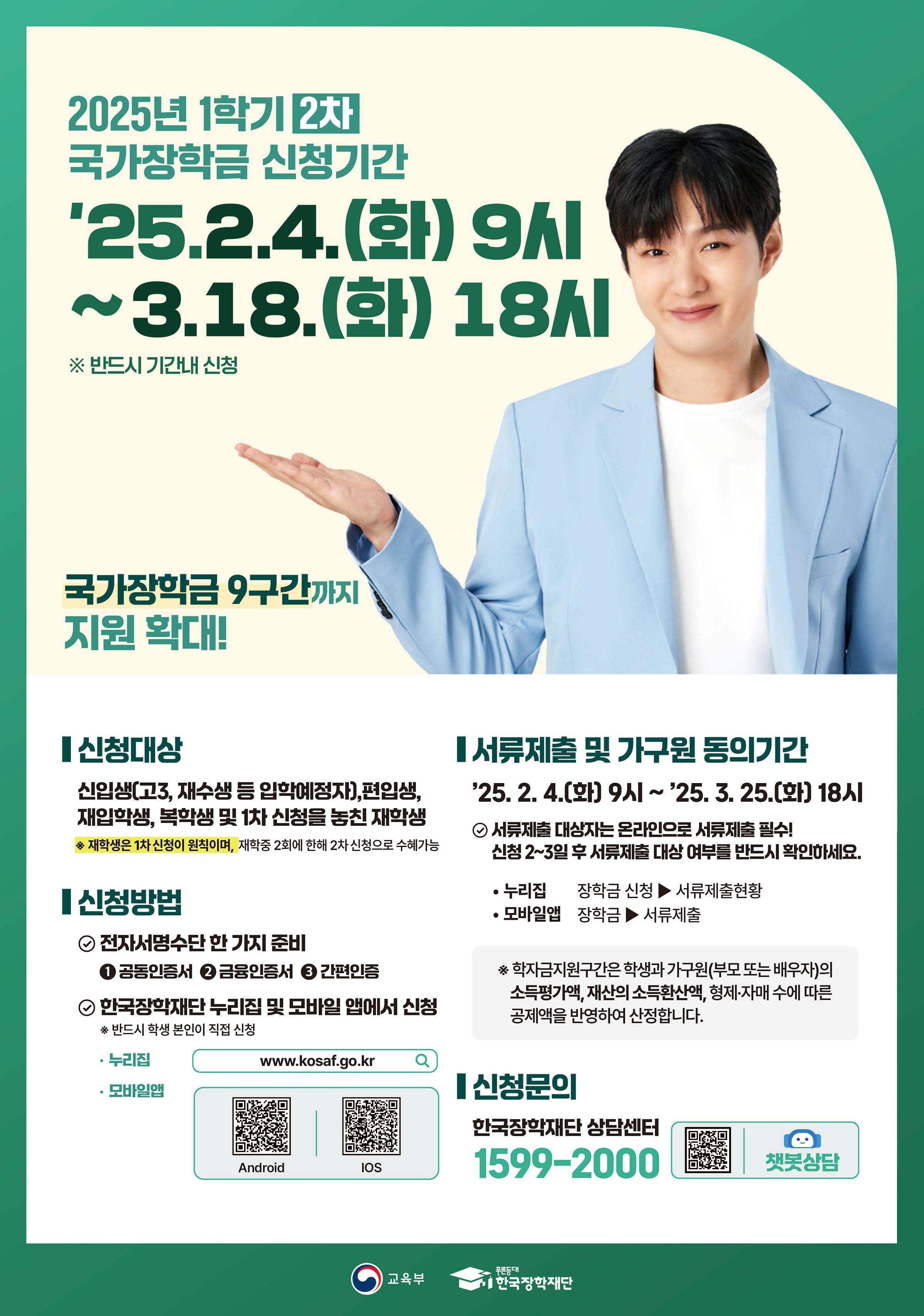 2025년 1학기 2차 국가장학금 신청기간 '25.2.4.(화) 9시 ~3.18.(화) 18시 ※ 반드시 기간내 신청  국가장학금 9구간까지 지원 확대!  |신청대상 신입생(고3, 재수생 등 입학예정자),편입생, 재입학생, 복학생 및 1차 신청을 놓친 재학생 ※ 재학생은 1차 신청이 원칙이며, 재학중 2회에 한해 2차 신청으로 수혜가능  |신청방법 ♡ 전자서명수단 한 가지 준비 1 공동인증서 2 금융인증서 3 간편인증  2 한국장학재단 누리집 및 모바일 앱에서 신청 * 반드시 학생 본인이 직접 신청  · 누리집  · 모바일앱  www.kosaf.go.kr  Android https://play.google.com/store/apps/details?id=com.mo.kosaf&pli=1  IOS https://apps.apple.com/kr/app/%ED%95%9C%EA%B5%AD%EC%9E%A5%ED%95%99%EC%9E%AC%EB%8B%A8/id1400580506  | 서류제출 및 가구원 동의기간 '25. 2.4.[화] 9시~'25. 3. 25.(화) 18시 4 서류제출 대상자는 온라인으로 서류제출 필수! 신청 2~3일 후 서류제출 대상 여부를 반드시 확인하세요.  • 누리집 : 장학금 신청 ▶서류제출현황 • 모바일앱 : 장학금 ▶ 서류제출  ※ 학자금지원구간은 학생과 가구원(부모 또는 배우자)의 소득평가액, 재산의 소득환산액, 형제·자매 수에 따른 공제액을 반영하여 산정합니다.  | 신청문의 한국장학재단 상담센터 1599-2000  챗봇상담 https://www.kosaf.go.kr/chat/client/chatbot.html  교육부  푸른동대 한국장학재단